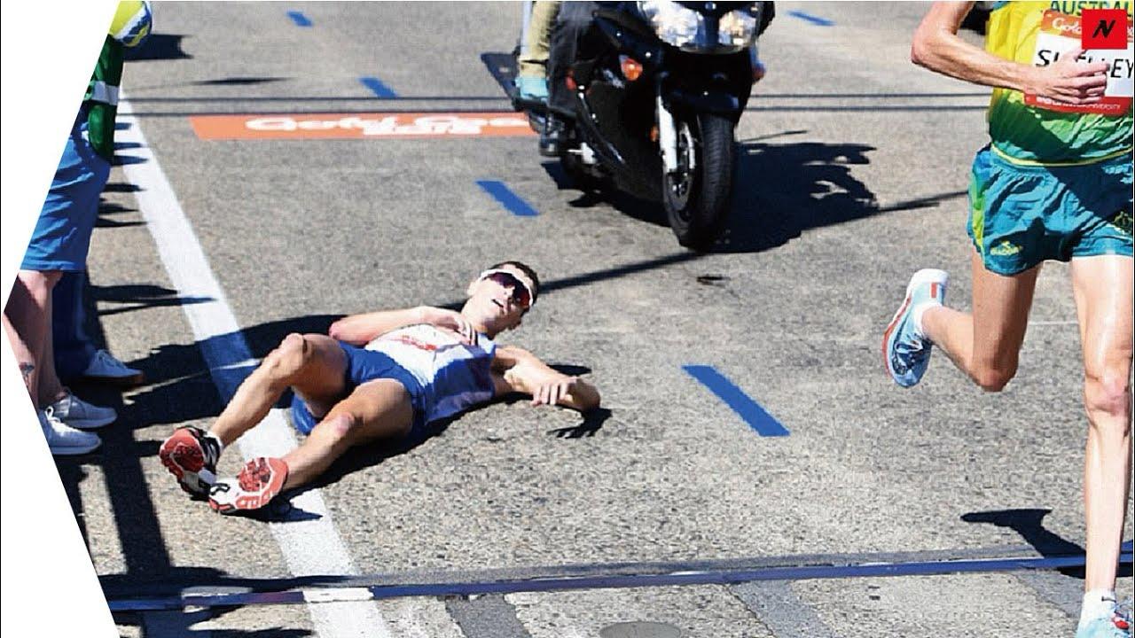 A marathon player collapses due to heatstroke showcasing the need of first aid in sports.