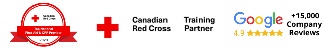 A red badge with "Canadian Red Cross Top 3 National Training Provider Award 2023." To the right, a red cross with "Canadian Red Cross Training Partner." Further right, the Google logo, 4.9-star rating, and "+15,000 Company Reviews.