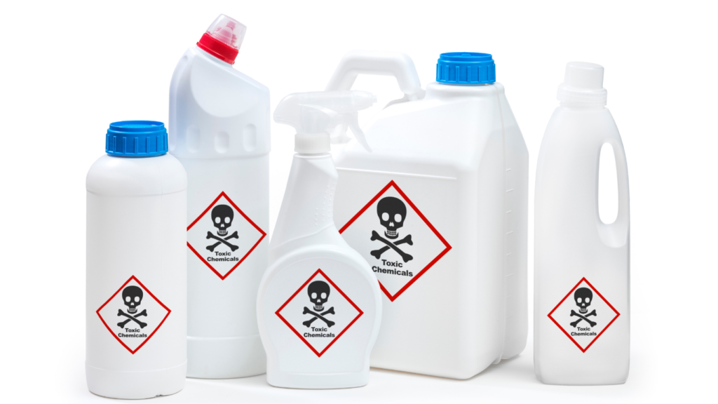 Bottles marked to symbolize harmful chemical content