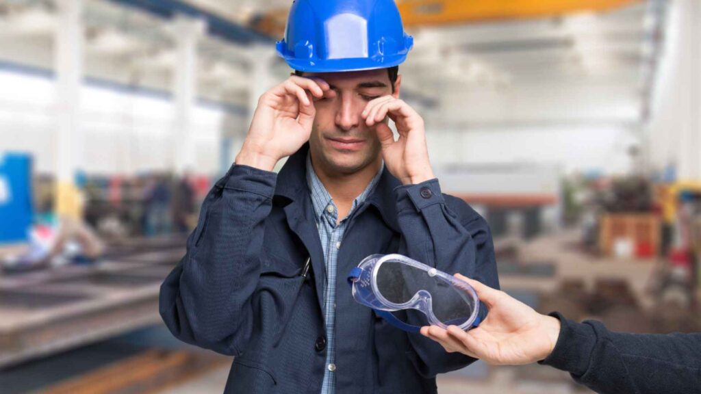 Person receiving safety glasses after an eye injury on a construction site