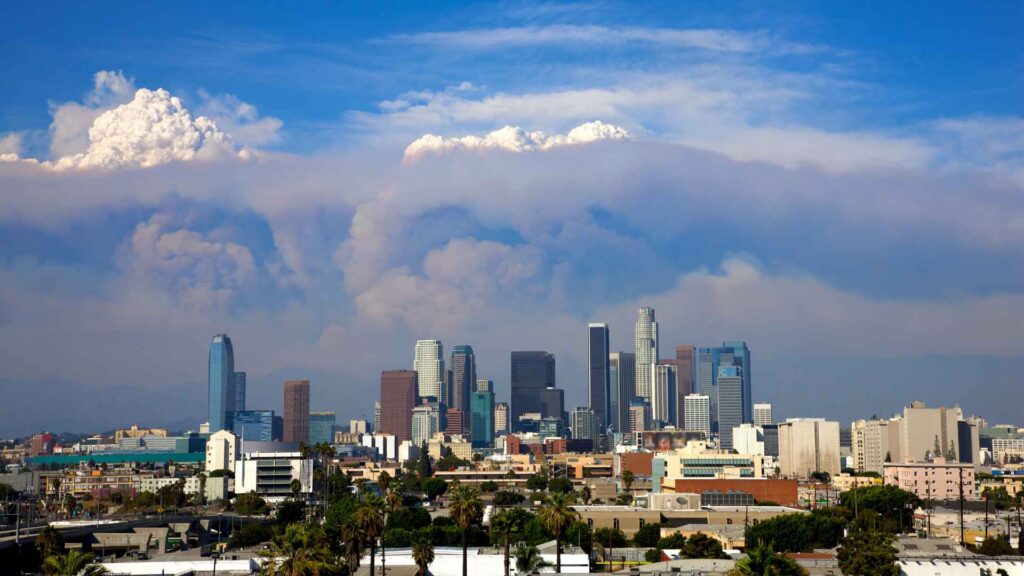 The city of Los Angeles with a cloud of smoke from the wildfires